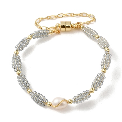 Natural Pearl & Glass Beaded Link Bracelets, Brass Wire Wrapped Bracelet with Magnetic Clasps