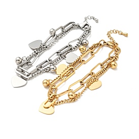 Bracelet multirangs charm coeur et boule ronde, 304 bracelet à chaînes double couche en acier inoxydable pour femme
