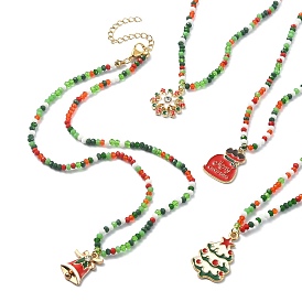 Christmas Theme Alloy Enamel Pendant Necklace with Glass Beaded Chains