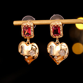 Vintage-style copper zircon fashionable design diamond heart-shaped earrings - unique 3D heart-shaped women's ear drops.