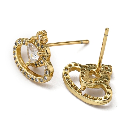 Rack Plating Brass Crown Stud Earrings with Cubic Zirconia, Lead Free & Cadmium Free