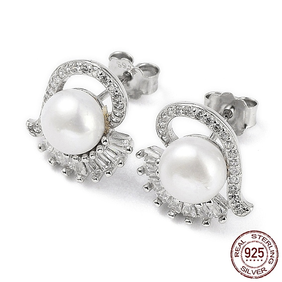 Cubic Zirconia Heart with Natural Pearl Stud Earrings, 925 Sterling Silver Earrings for Women
