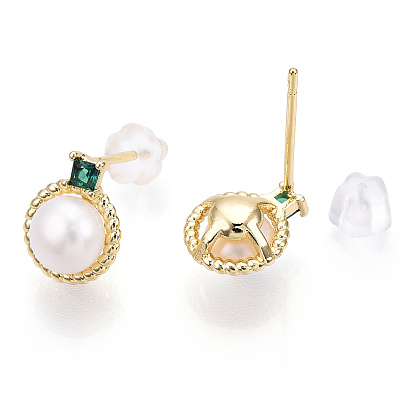Natural Pearl Stud Earrings with Cubic Zirconia, Brass Round Earrings with 925 Sterling Silver Pins, Cadmium Free & Nickel Free & Lead Free