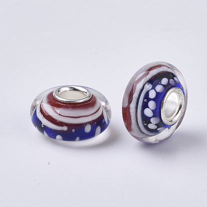 Perles européennes en lampwork faits à la main, Perles avec un grand trou   , avec noyaux simples en laiton plaqué couleur argent, rondelle