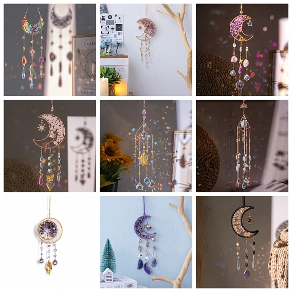 Natural & Synthetic Mixed Gemstone Chips & Glass Suncatchers, Hanging Pendant Decorations with Golden Metal Findings