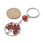 Natural & Synthetic Gemstone Chips Flat Round with Tree of Life Kcychain, with 304 Stainless Steel Findings