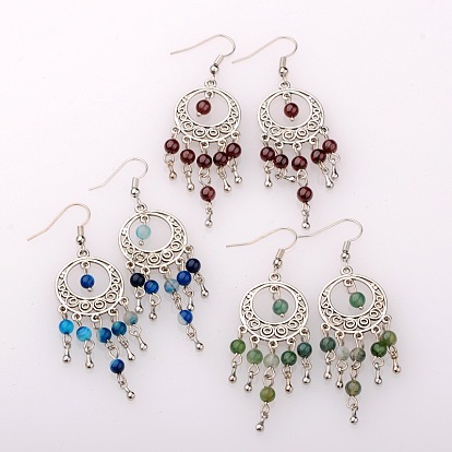 Trendy Dangling Gemstone Earrings, with Alloy Findings and Brass Earrings Hooks, Antique Silver, 70mm, Pin: 0.6mm