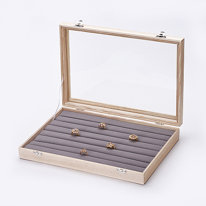 Boîtes de présentation d'anneau en bois, avec verre et oreiller de velours, rectangle