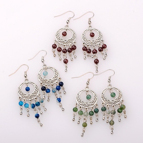 Trendy Dangling Gemstone Earrings, with Alloy Findings and Brass Earrings Hooks, Antique Silver, 70mm, Pin: 0.6mm