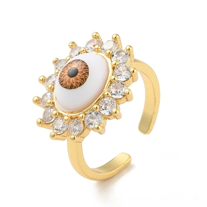 Soleil de zircone cubique avec anneau de manchette ouvert mauvais œil avec acrylique, bijoux en laiton plaqué or véritable 18k pour femmes, sans cadmium et sans plomb