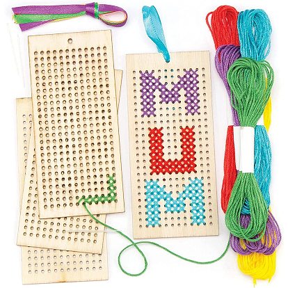 DIY Rectangle/Star Wood Bookmarks Cross Stitch Kits, including Polyester Thread, Ribbon & Plastic Needle