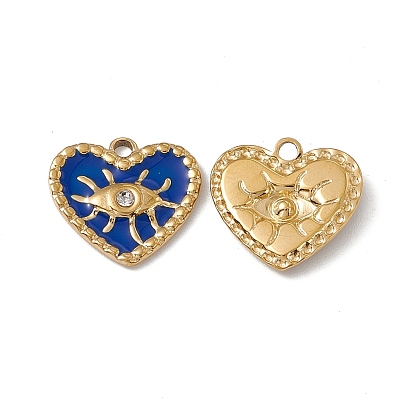 Vacuum Plating 201 Stainless Steel Rhinestone Pendants, Enamel Style, Real 18K Gold Plated, Heart with Eye Charm