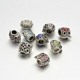 Alliage strass hibou perles européennes, Perles avec un grand trou   , 12x10x9mm, Trou: 4.5mm
