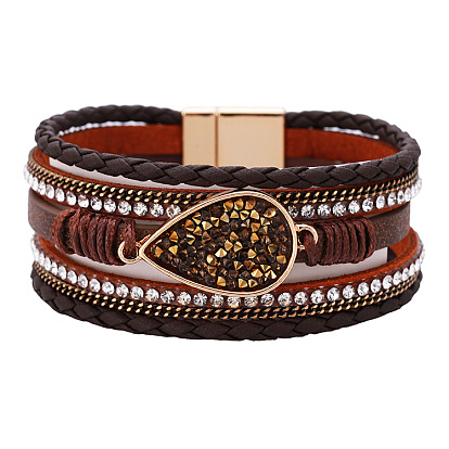 Bohemian Ethnic Bracelet with Unique Waterdrop Inlaid Accessories - Multi-layer Magnetic Clasp Leather Bracelet.