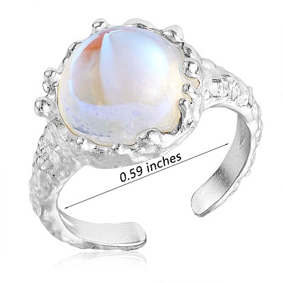 925 anillo de puño abierto de plata esterlina, anillo de dedo medio redondo de piedra lunar para mujer