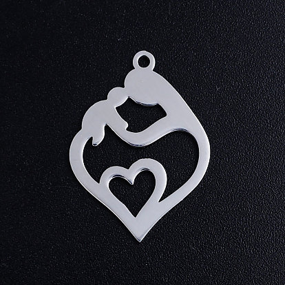304 Stainless Steel Pendants, Heart with Mother and Child, for Mother's Day