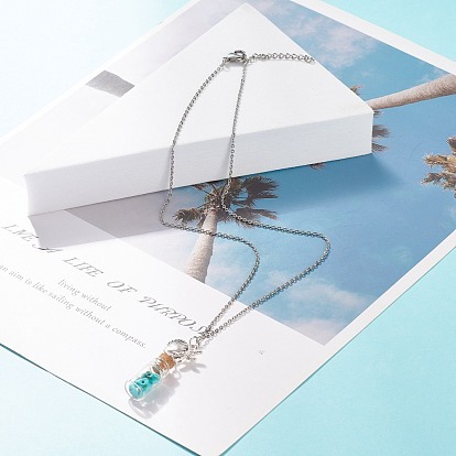 Bouteille en verre avec collier pendentif en copeaux de turquoise synthétique, collier de bouteille de souhaits avec breloque étoile de mer en alliage pour femme
