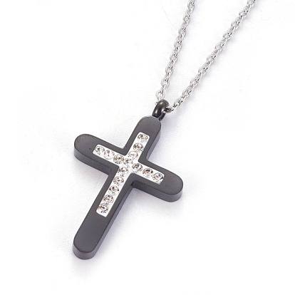 304 Stainless Steel Pendant Necklaces, with Polymer Clay Rhinestone, Cross