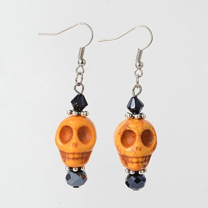 Halloween howlite synthétique crâne Dangle Boucles d'oreilles, avec des perles en verre et des crochets de boucles d'oreilles en laiton, 58 mm, broches: 0.7 mm