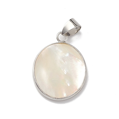Natural White Shell Pendants, Oval Charms with Flower, with Brass Findings, Cadmium Free & Lead Free