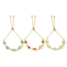 3Pcs 3 Style Brass Slider Cable Chain Bracelets, Pearl & Natural Gemstone Beaded Bracelet for Women