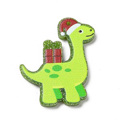 Печатные акриловые подвески, с блестками, на Рождество, динозавр с елкой/шапкой/шармом в подарочной коробке
