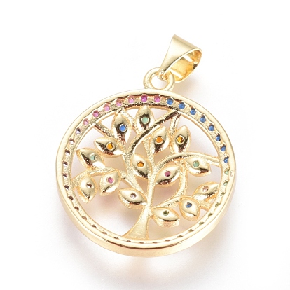 Electroplated Brass Micro Pave Cubic Zirconia Pendants, Long-Lasting Plated, Flat Round with Tree of Life, Colorful