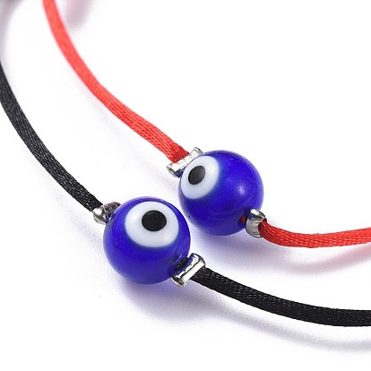 Adjustable Nylon Thread Bracelet Sets, with Handmade Lampwork Evil Eye Round Beads and Brass Crimp Beads