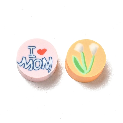 Mother's Day Handmade Polymer Clay Beads, Flat Round with Word and Flower Pattern