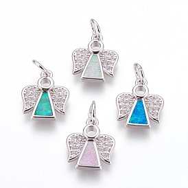Brass Cubic Zirconia Pendants, with Synthetic Opal, Angel