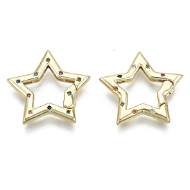 Brass Micro Pave Cubic Zirconia Spring Gate Rings, Star, Nickel Free, Colorful