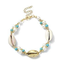 Bracelet en coquillages naturels, perles de coquillage et perles synthétiques turquoise