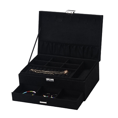 Velvet & Wood Jewelry Boxes, Portable Jewelry Storage Case, with Alloy Lock, for Ring Earrings Necklace, Rectangle