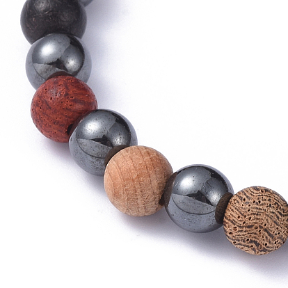 Stretch Bracelets, with Wood Beads and Non-Magnetic Synthetic Hematite Beads, Round