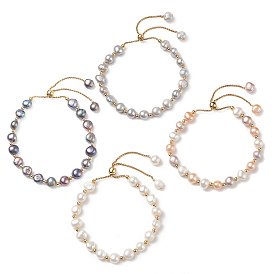 Bracelet coulissant en perles naturelles teintées et perles rondes en laiton, bracelet réglable avec chaînes dorées 304 en acier inoxydable pour femme
