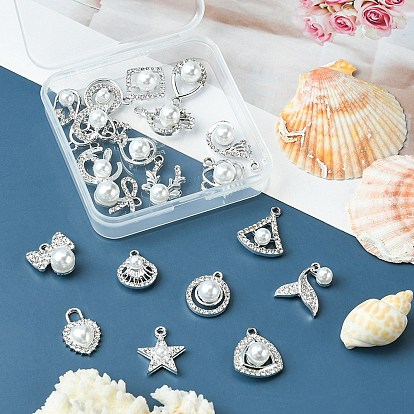 20 pcs 20 pendentifs en strass de cristal en alliage de style, avec perles en plastique ABS imitation perle, Couronne et cerf et étoile et fleur et coeur et lune et nœud papillon et breloques en queue de poisson