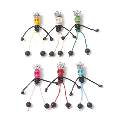 6Pcs 6 Colors Dyed Synthetic Turquoise Halloween Kings Skull Big Pendants, Handmade Rope Arms and Legs Charms with Natural Lava Rock