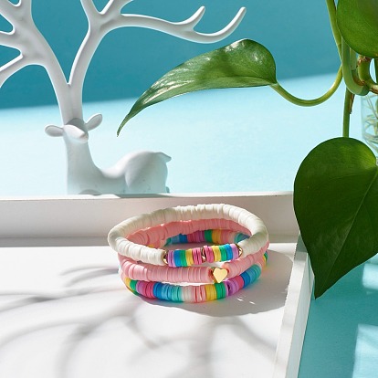 Perles heishi en argile polymère faites à la main ensemble de bracelets pour enfants extensibles, bracelets de perles de laiton coeur
