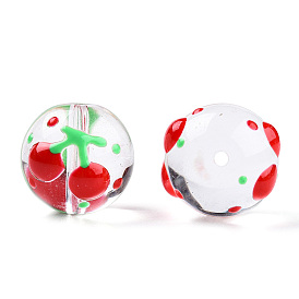 Transparent Handmade Lampwork Beads, Round with Cherry Pattern