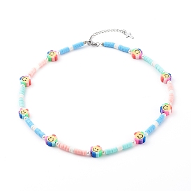 Polymer Clay Heishi Beaded Necklaces, with ABS Plastic Imitation Pearl Beads and 304 Stainless Steel Lobster Claw Clasps, Flower with Smiling Face