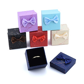Ribbon Bow Cardboard Rings Jewelry Gift Boxes, with Black Sponge Inside, Square