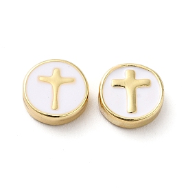 Rack Plating Alloy Enamel Beads, Flat Round with Cross, Golden