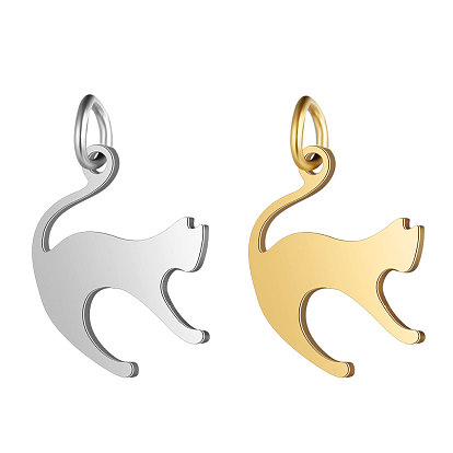 201 Stainless Steel Kitten Pendants, Cat with Arched Back Shape