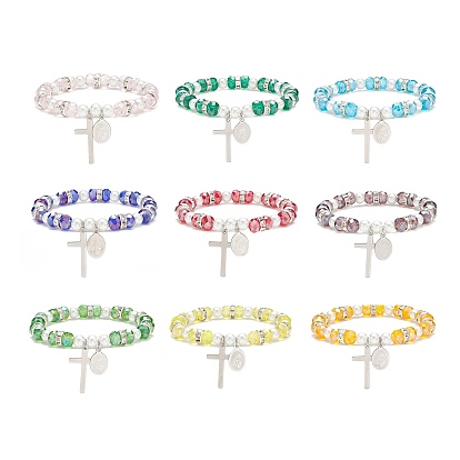 9pcs 9 ensemble de bracelets extensibles en perles de verre et perles d'imitation de couleur, 201 croix en acier inoxydable et 304 charmes de la vierge marie en acier inoxydable bracelets empilables pour femmes