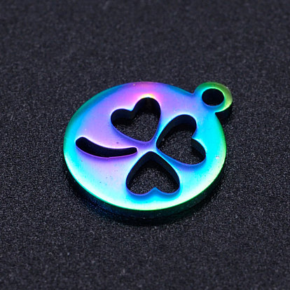 Ion Plating(IP) 201 Stainless Steel Charms, Flat Round with Clover