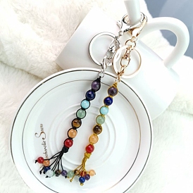 7 Chakra Gemstone Round Keychain, with Metal Key Rings and Lobster Claw Clasps