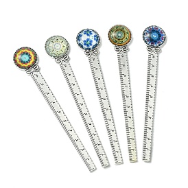 Mosaic Printed Glass Cabochons Bookmarks, Tibetan Style Alloy Bookmark Rulers