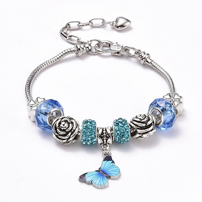 Laiton bracelets européens, avec perles strass argile polymère , perles de verre et d'alliage, pendentifs en alliage imprimés, papillon