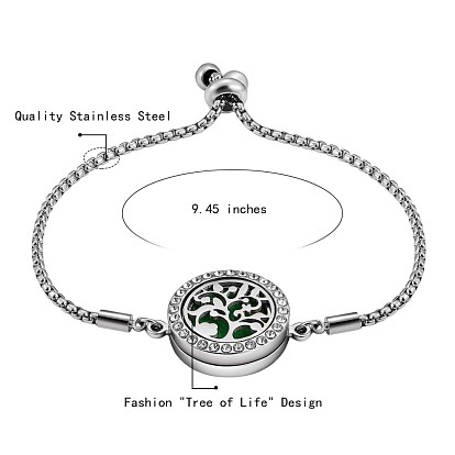 Bracelet diffuseur d'huiles essentielles, alliage arbre de vie médaillon lien curseur bracelet avec cristal strass pour les femmes, platine
