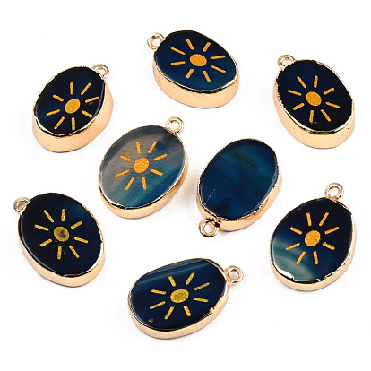 Natural Agate Pendants, with Light Gold Plated Brass Edge & Iorn Loops, Gold Powder, Dyed & Heated, Oval with Sun Charm